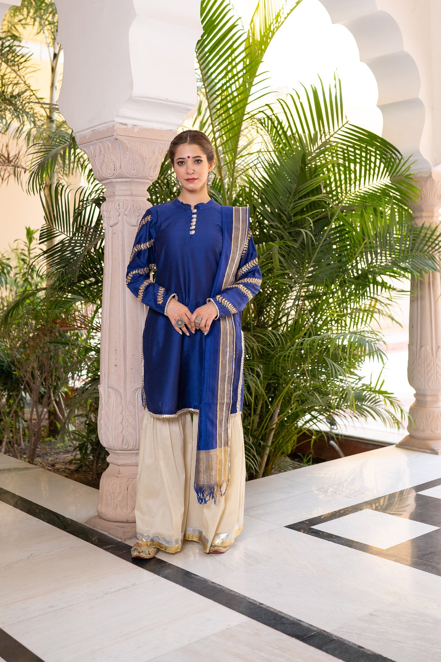 Blue Cotton Silk Gota Patti Gharara Suit Set