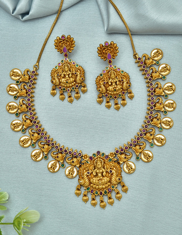 Designer Kasu Lakshmi Devi Kempu Necklace Set