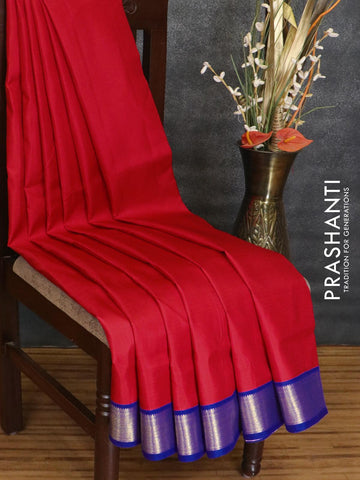 10 yards silk saree red and blue with plain body and zari woven korvai border without blouse