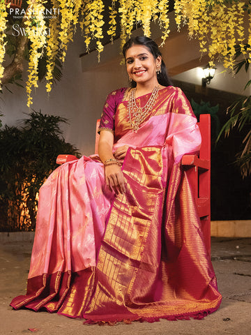 Pure kanjivaram silk saree light pink and pink with allover zari weaves and long zari woven border