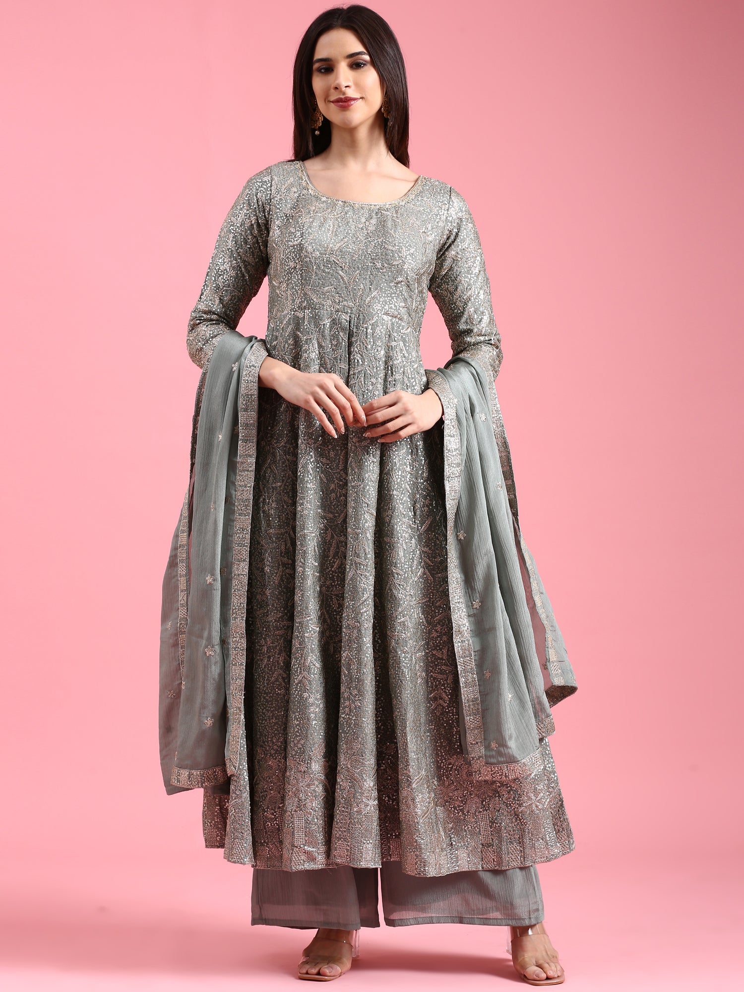 Green Chinon Heavy Embroidered Kali With Palazzo