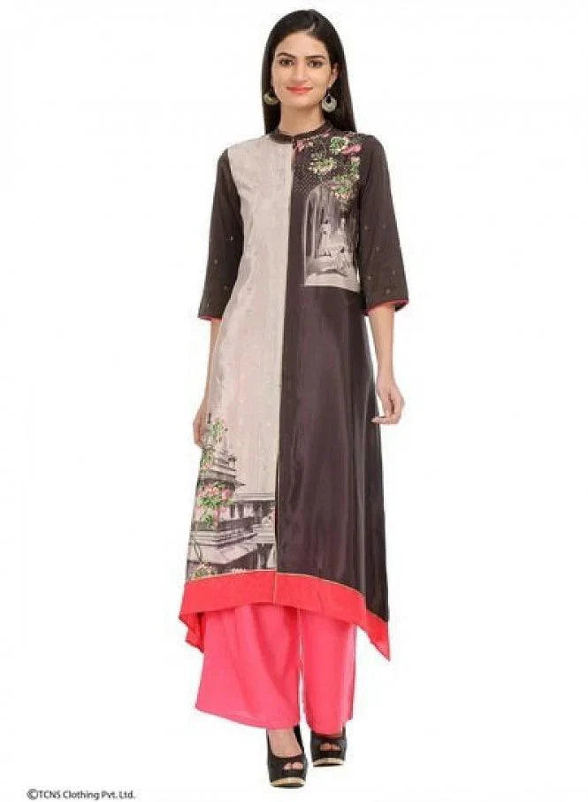 Grey Printed 3/4 Sleeve kurta