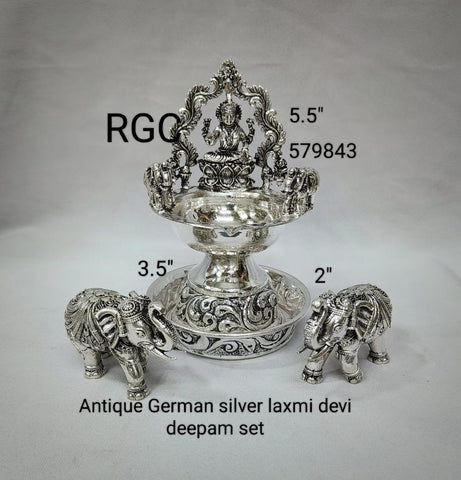 RGC Antique German Silver Laxmi Deepam With Elephants Pair