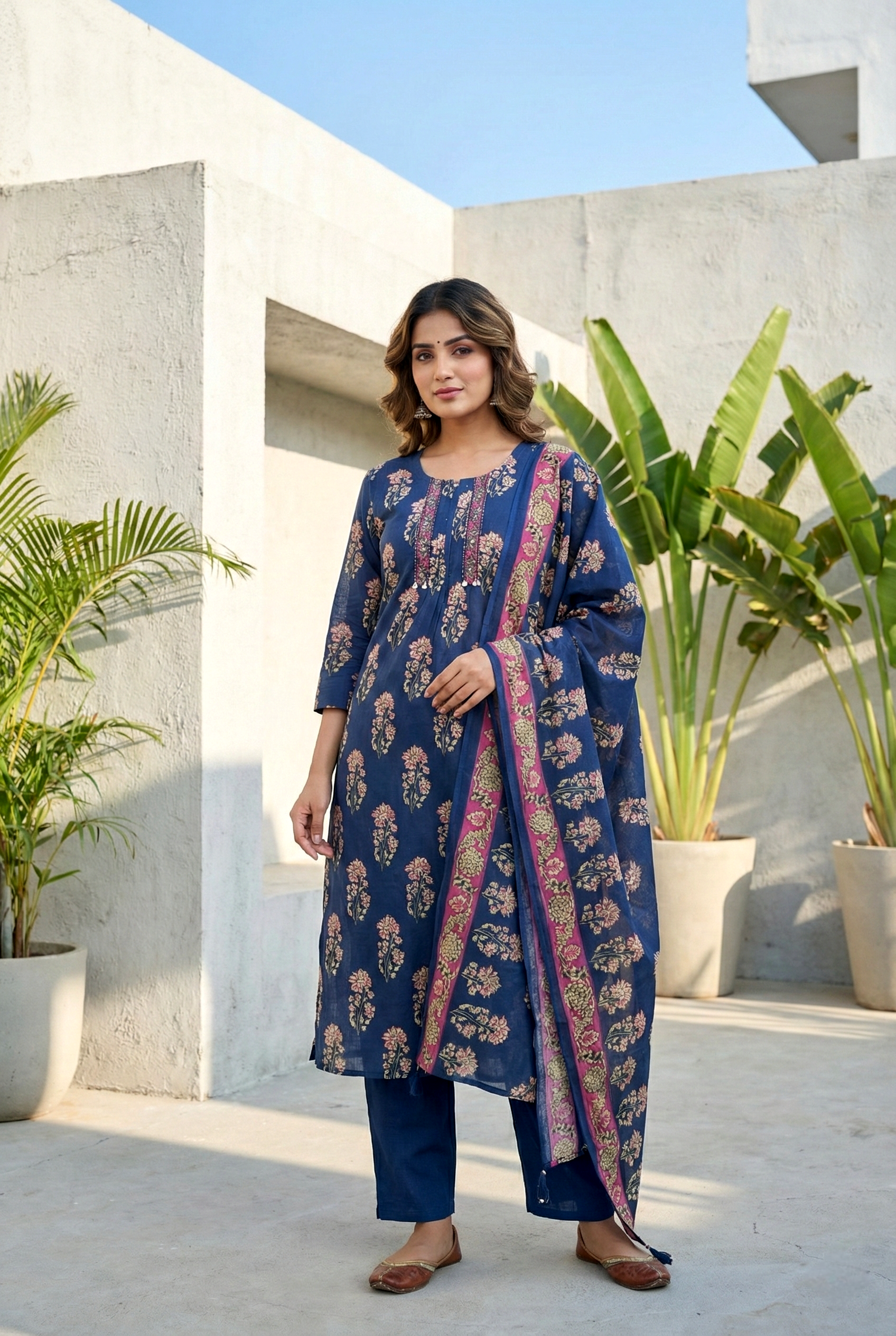 Navy Blue Cotton Floral Digital Printed Three Piece Set