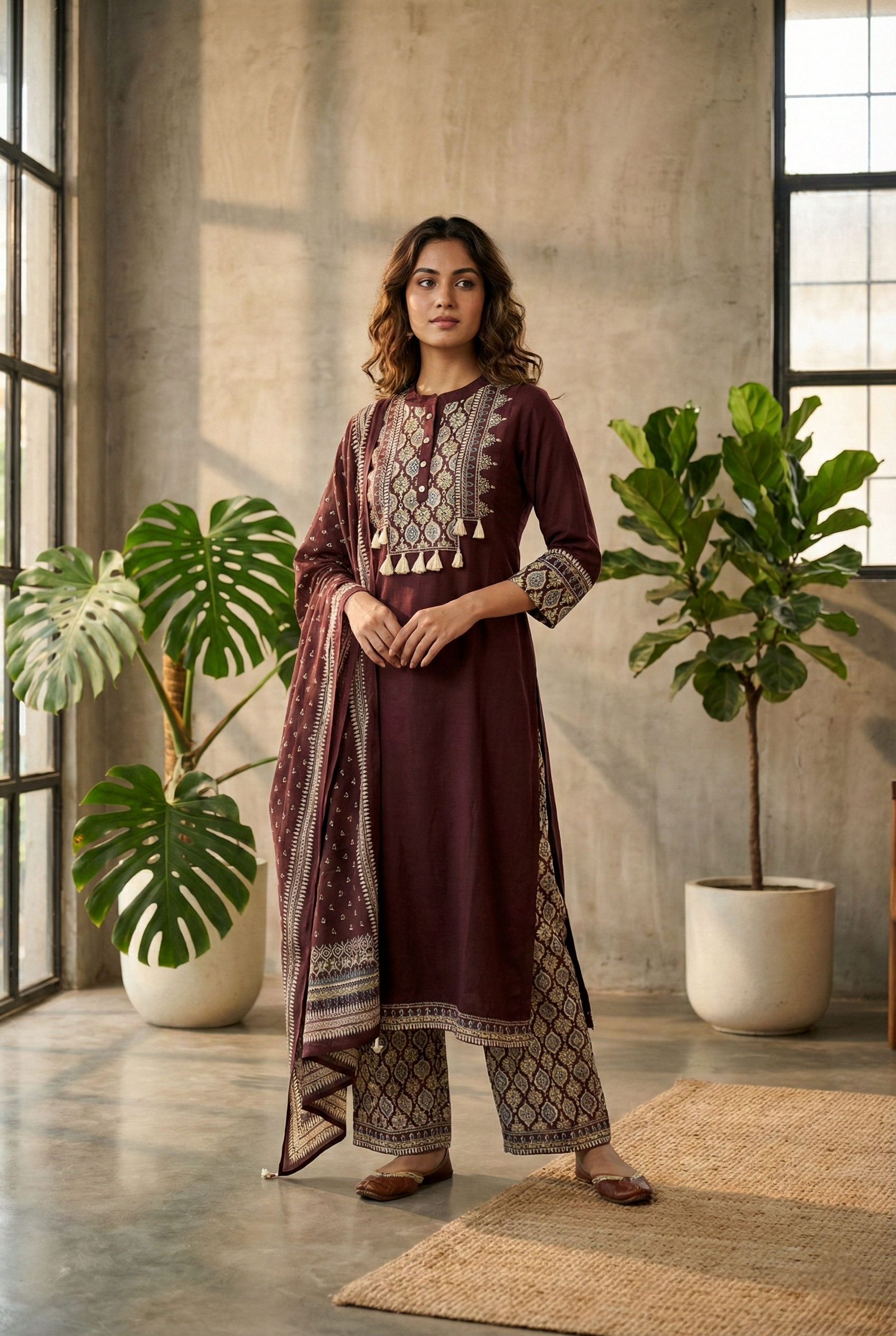 Brown Cotton Three Piece Set