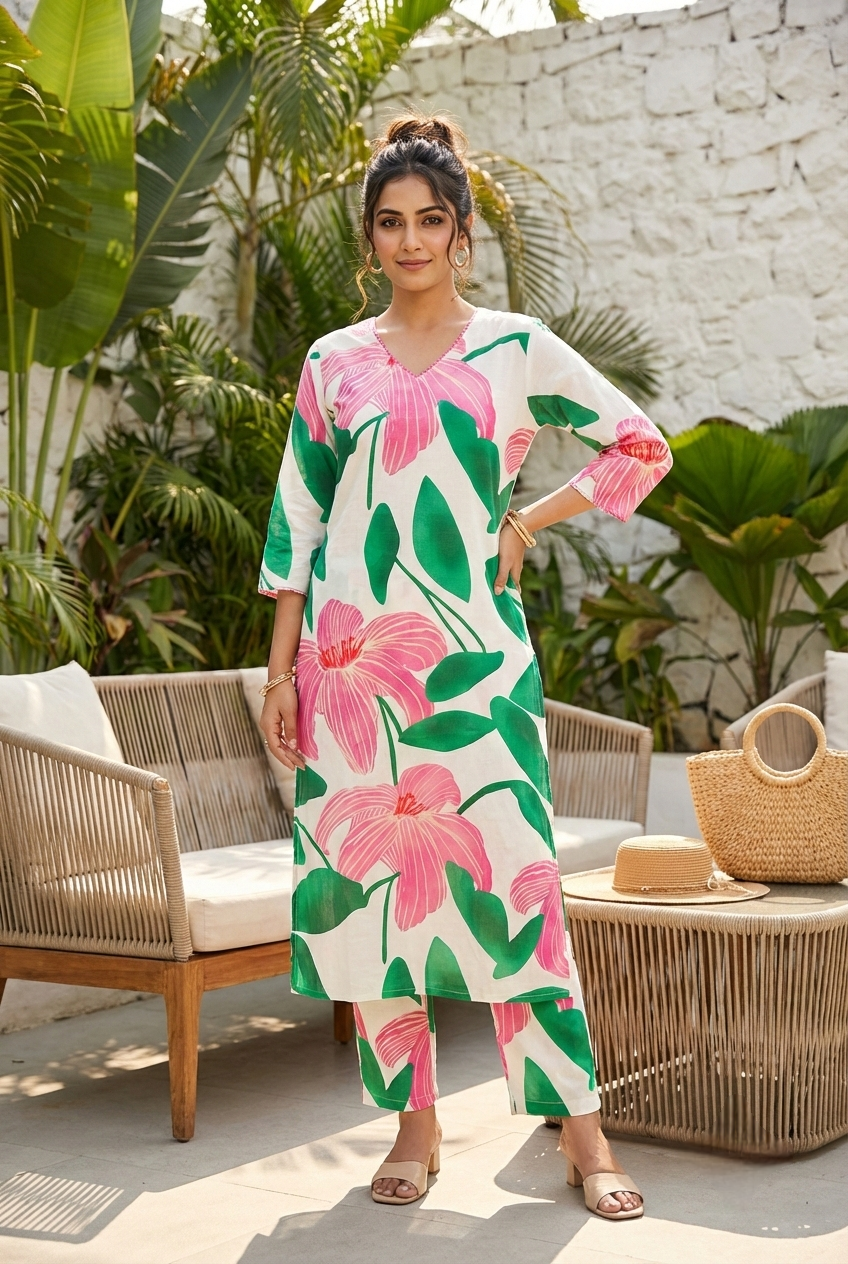 Green Cotton Floral Printed Two Piece Set