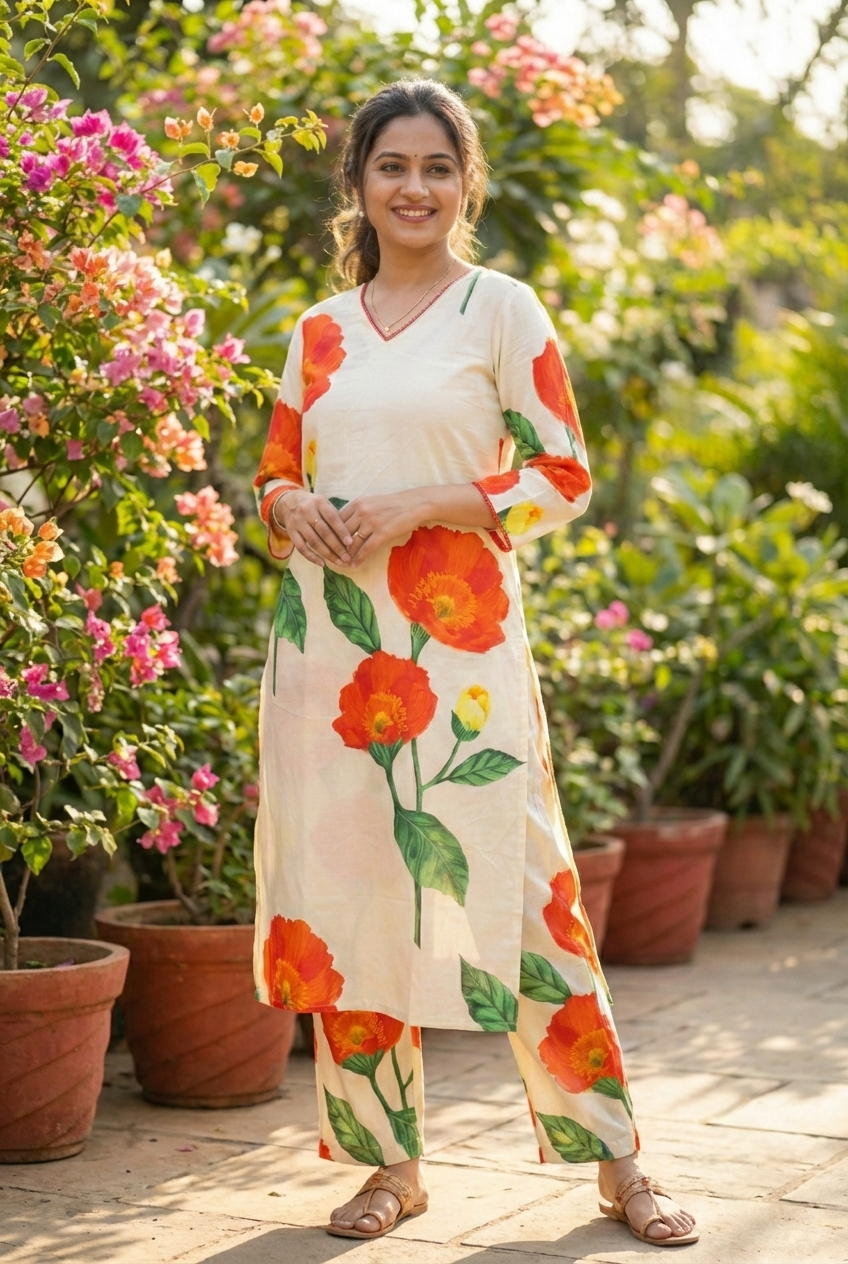 Cream Cotton Floral Printed Two Piece Set