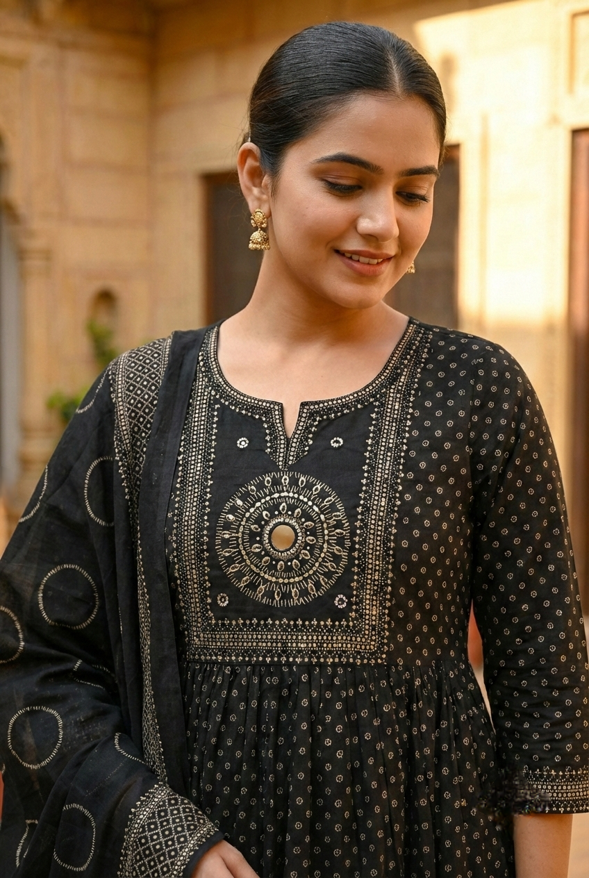 Black Cotton Printed Three Piece Set