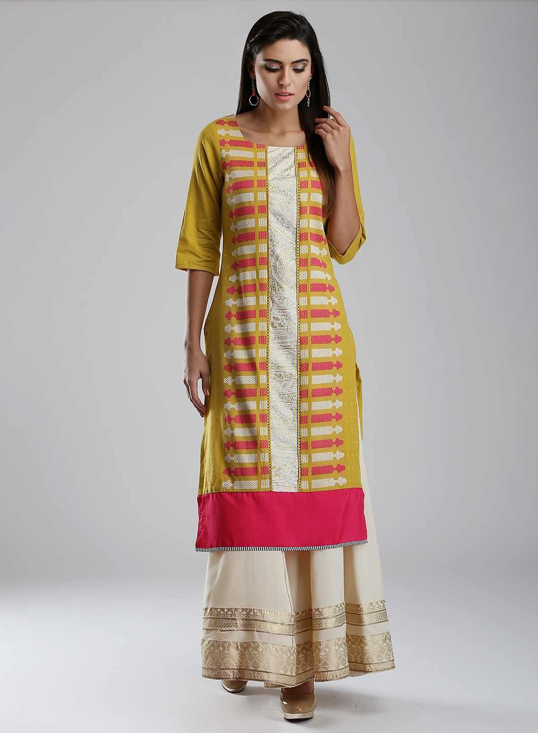 Yellow Round Neck Printed kurta