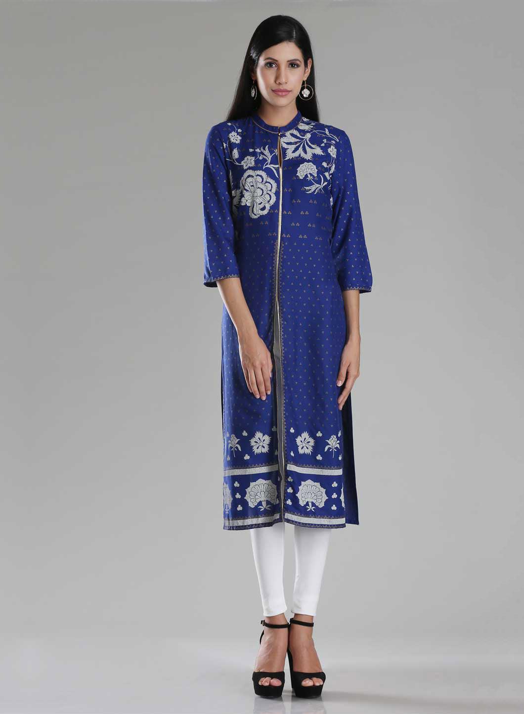 Blue Printed Front Slit kurta