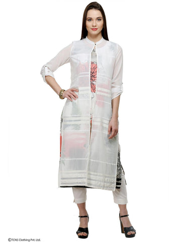 White Printed 3/4 Sleeve kurta