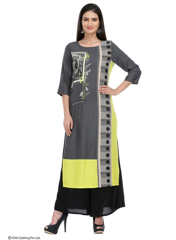 Grey Printed 3/4 Sleeve kurta