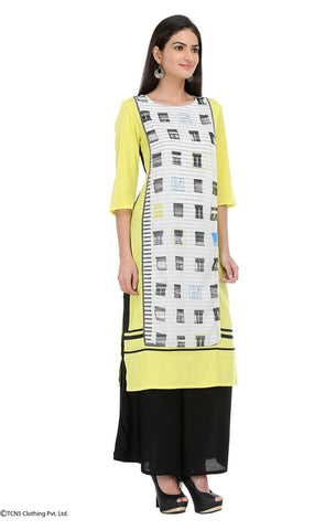 Yellow Printed 3/4 Sleeve kurta