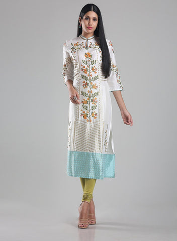 White Mandarin Neck Printed kurta