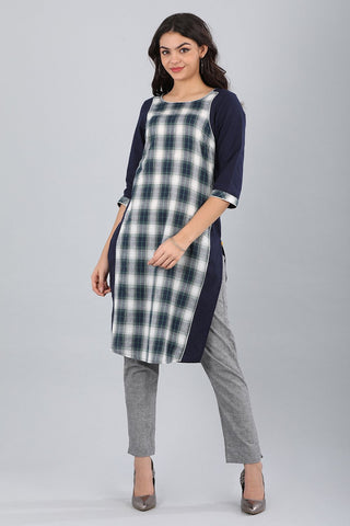 Blue Round Neck Checkered kurta
