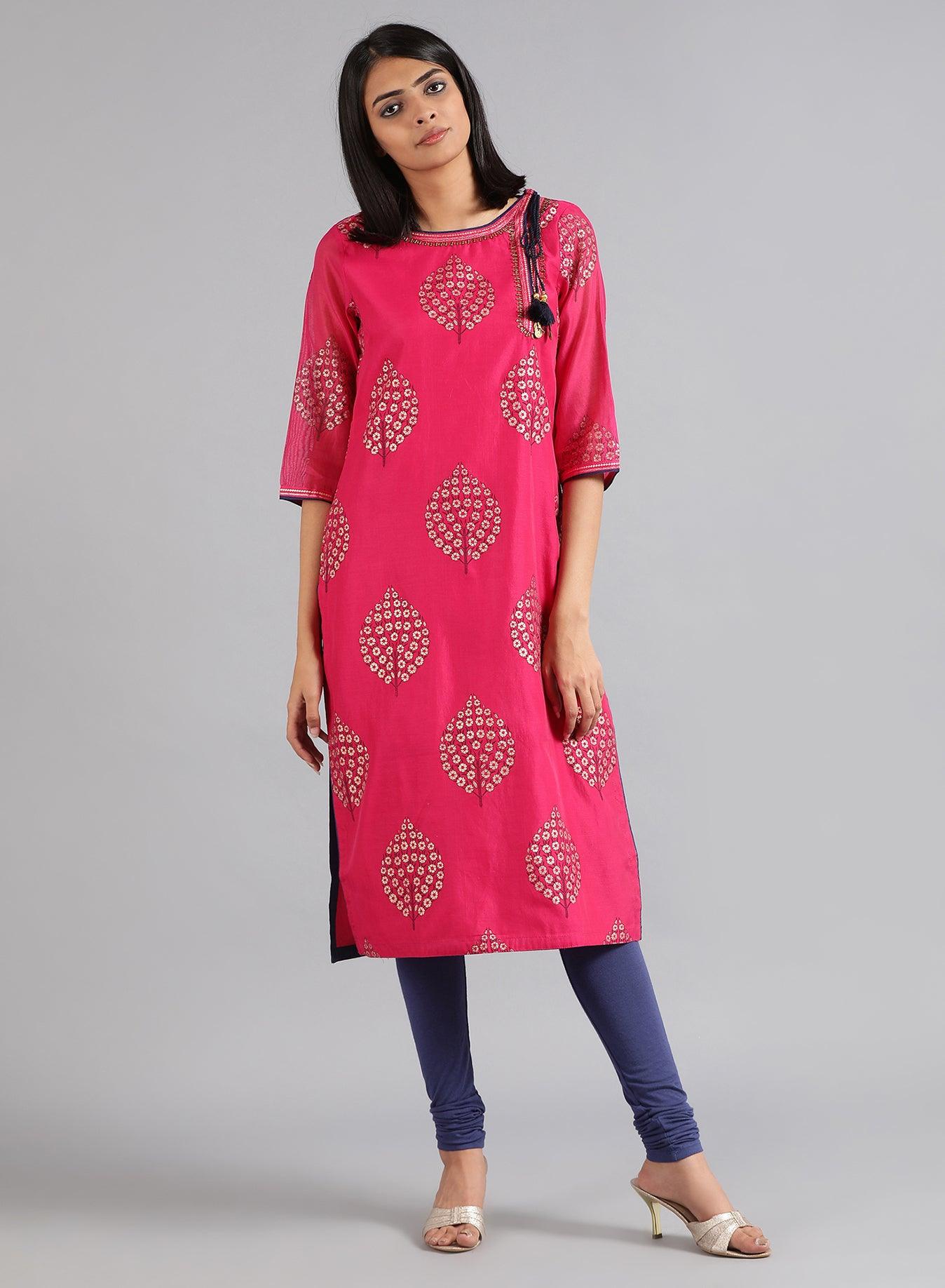 Pink Round Neck Printed kurta