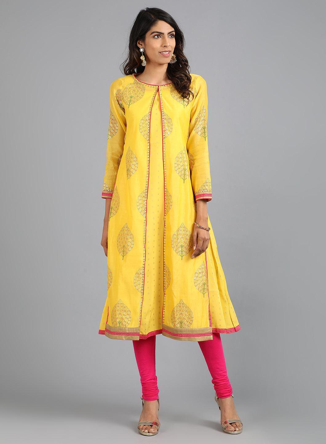 Yellow Round Neck Printed kurta