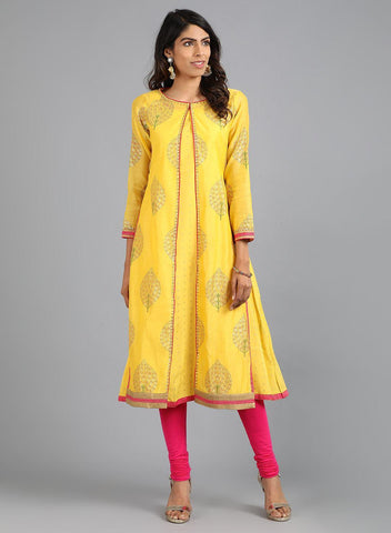 Yellow Round Neck Printed kurta