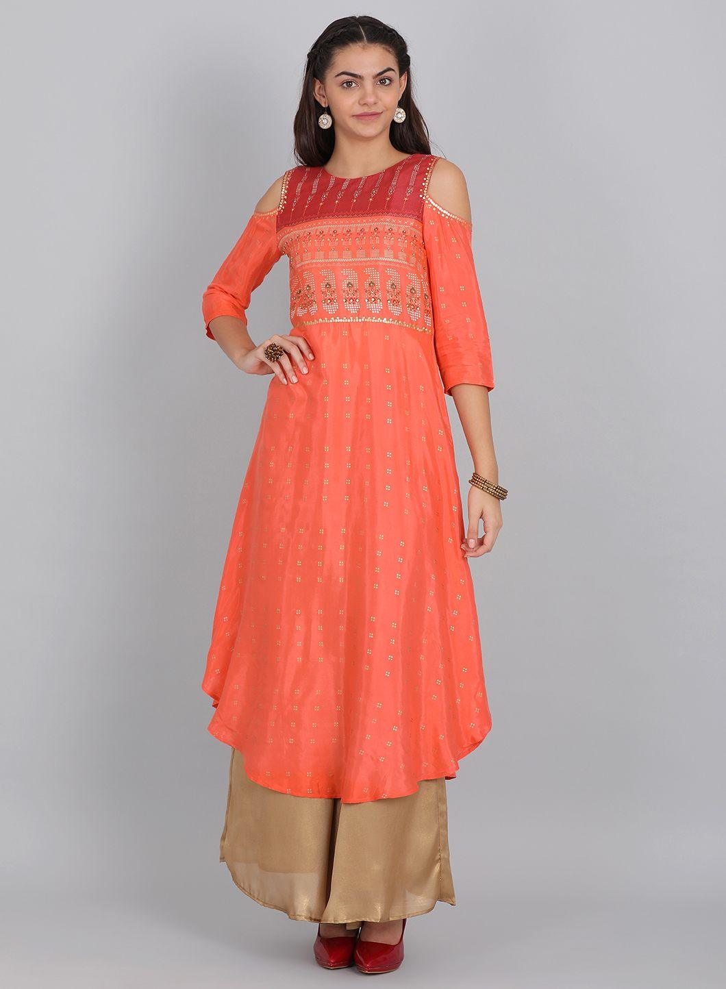 Orange Embellished Cut-Out Sleeves kurta