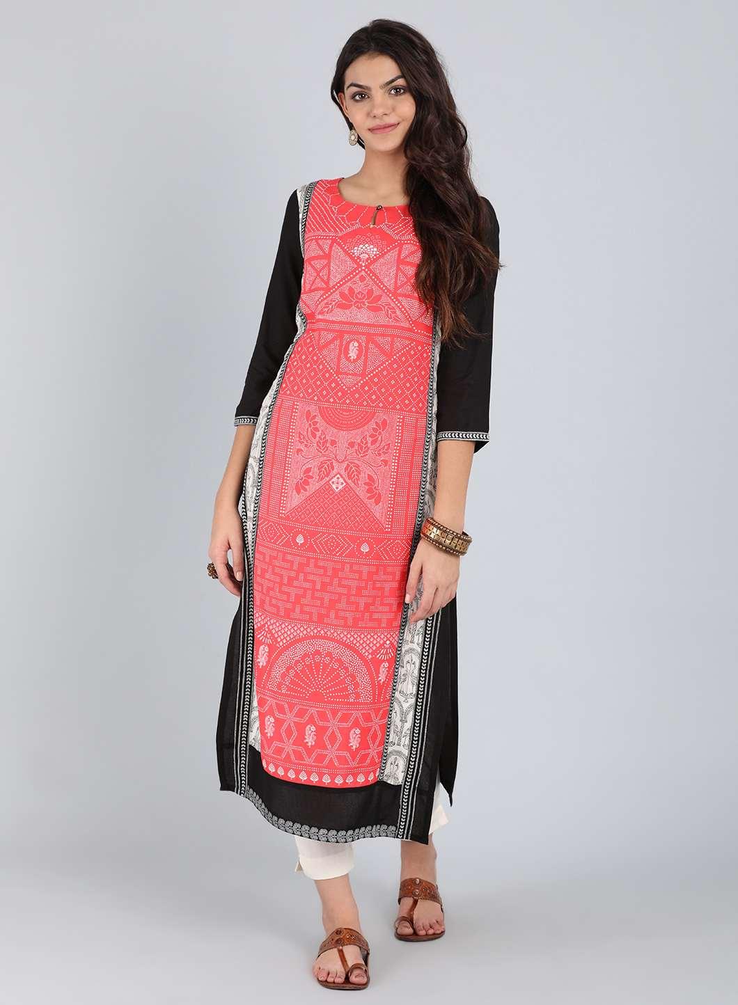 Black & Coral Traditional Print kurta