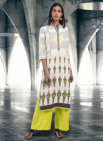 Off-White Mandarin Neck Parrot Print kurta