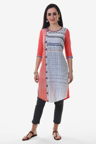 Pink & White Printed Round Neck kurta