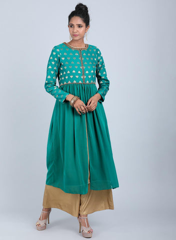 Teal Round Neck Printed kurta