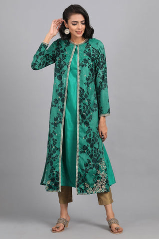 Green Round Neck Embellished Winter kurta