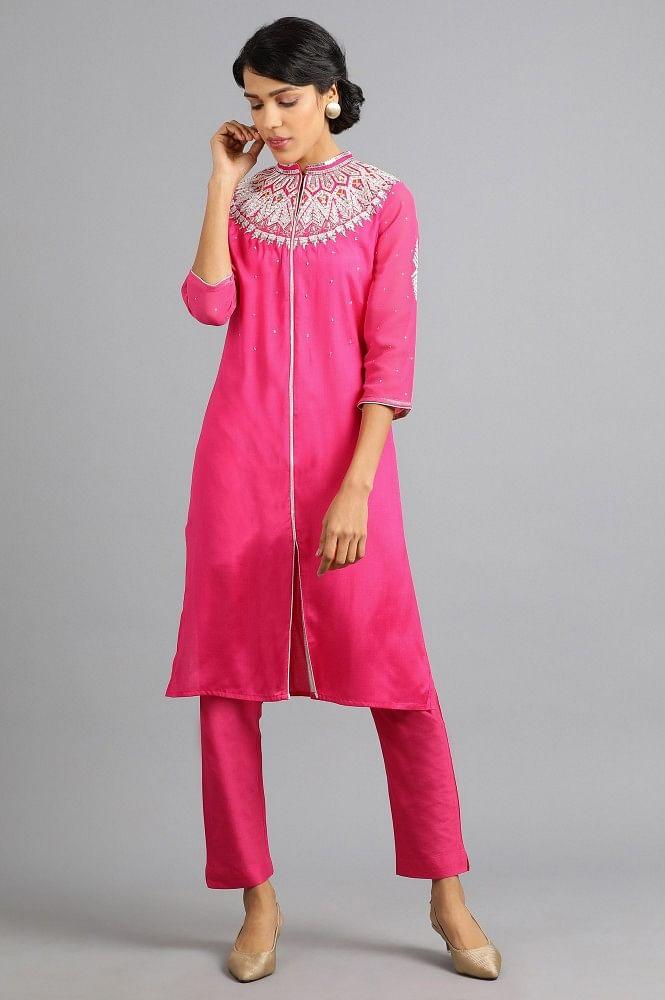 Pink Mandarin Neck Embellished kurta