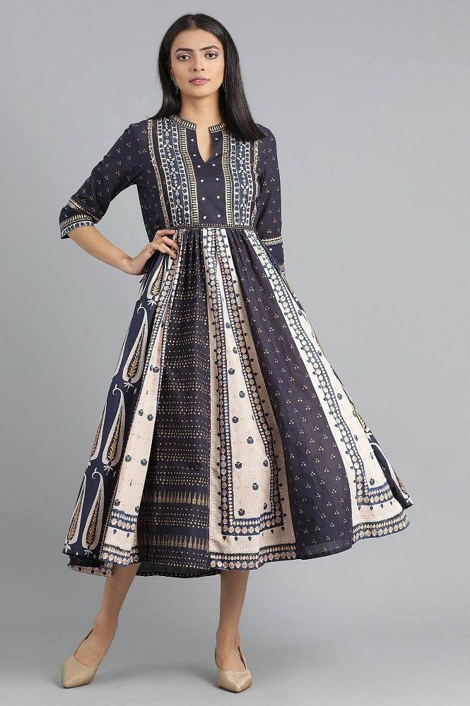 Blue Mandarin Neck Gathered Dress