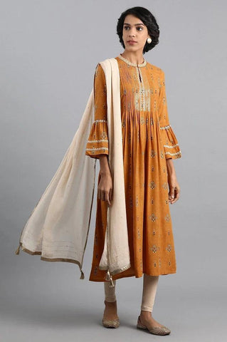 Yellow Mandarin Neck Printed kurta