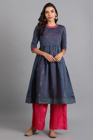 Blue Round Neck Chanderi kurta