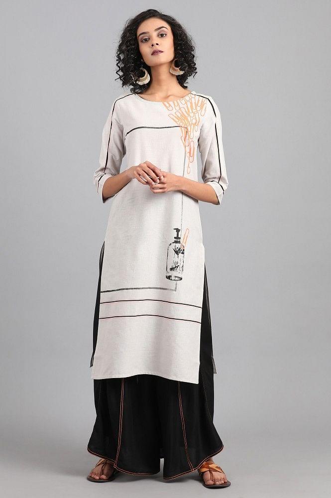 Light Grey Round Neck Printed kurta