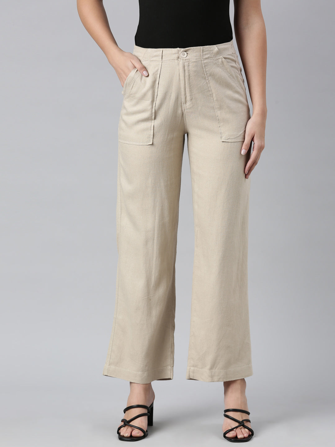 Women Light Beige Linen Cargo Pant