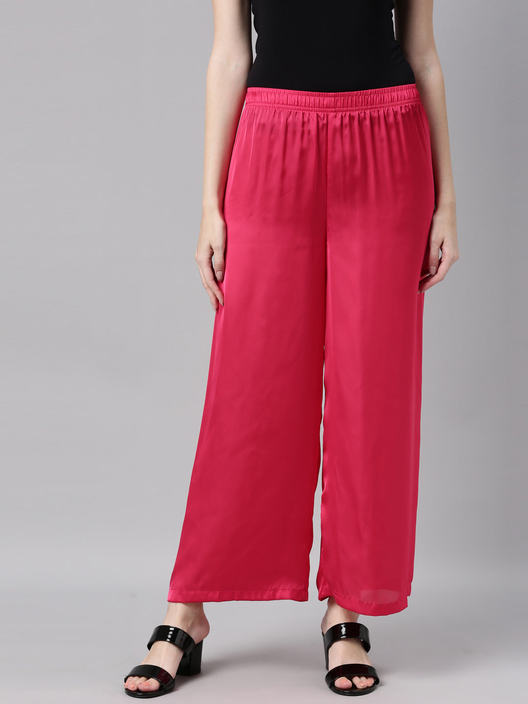 Women Solid Young Fuchsia Mid Rise Shiny Palazzos