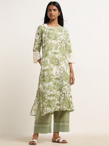 Utsa Green Ikat Printed A-Line Cotton Kurta