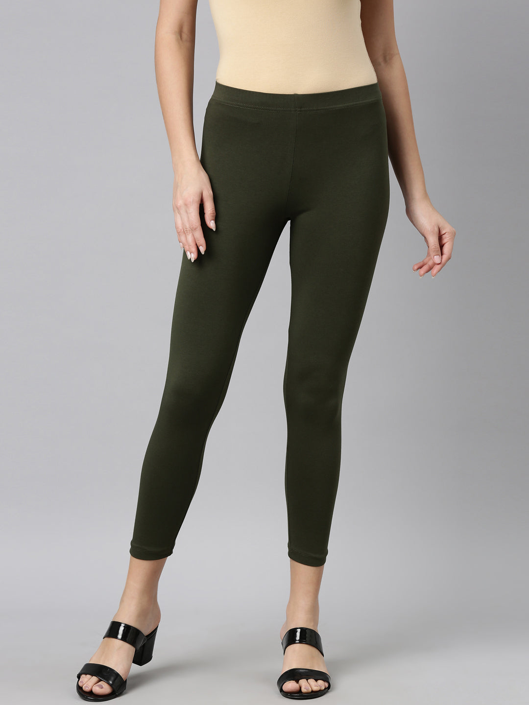 Dark Olive Cotton Stretch Cropped Leggings