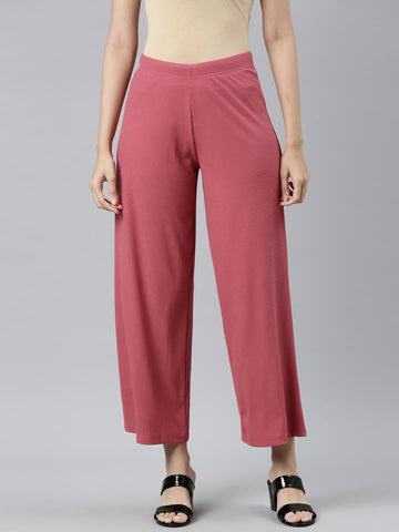 Women Solid Rusty Pink Viscose Mid Rise Rib Palazzos