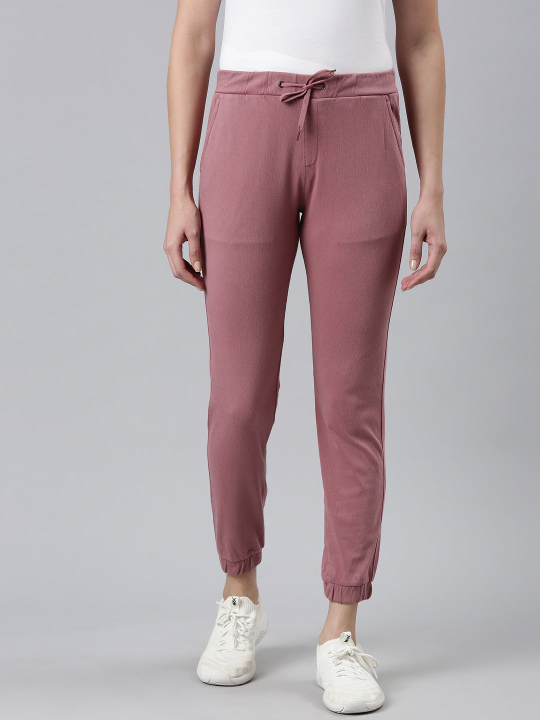 Women Solid Cotton Light Wine Cuffed Joggers