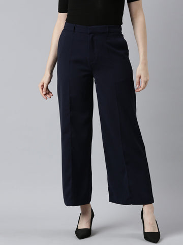 Women Solid Navy High Rise Crepe Wide Pant