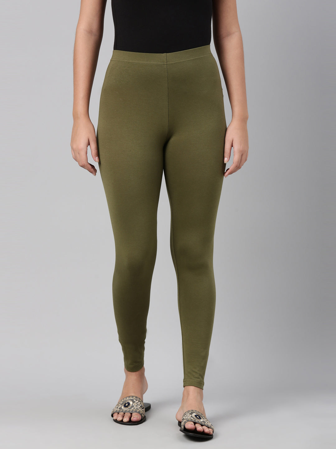 Olive Green Cotton Stretch Ankle Length Leggings