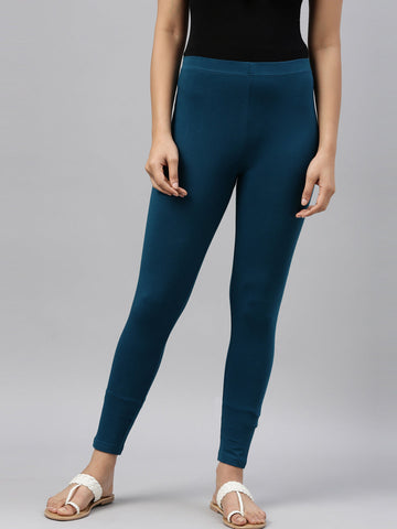 Women Solid Turquoise Blue Ankle Length Leggings