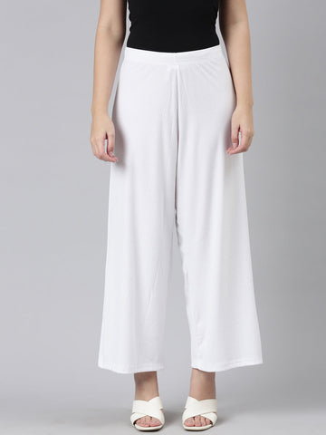 Women Solid White Viscose Mid Rise Palazzos