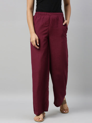 Women Violet Solid Linen Palazzos