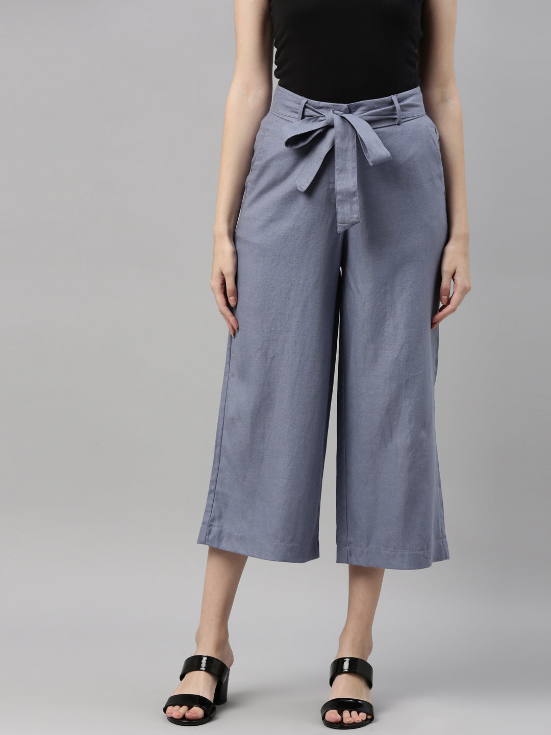 Women Solid Jeans Blue Linen Mid Rise Culottes