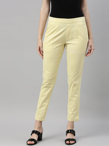 Women Bright Yellow Mid Rise Cotton Denim Stretch Pants