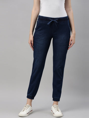 Women Solid Blue Denim Joggers