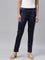 Women Solid Navy Mid Rise Shiny Pants