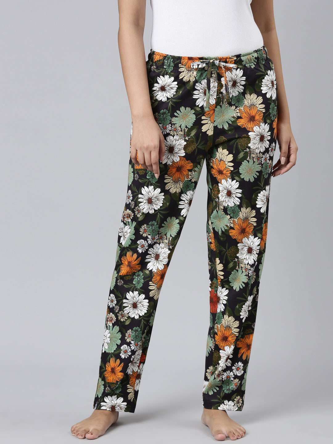 Women Printed Black Cotton Knit Mid Rise Lounge Pants