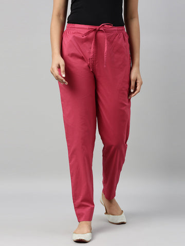 Women Solid Medium Pink Comfort Fit Cotton Pants